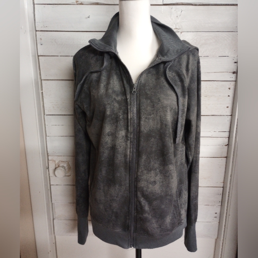 Danskin Size Large Double Collar Full Zip Hooded Jacket Gray Tie Dye Gym *